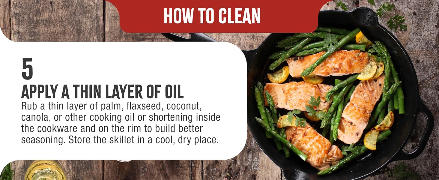 A cast-iron skillet grilling salmon. Text reads: Apply a thin layer of oil.