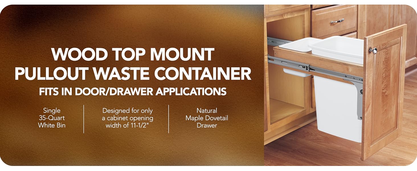 Rev-A-Shelf Single Pullout Top Mount Trash Can 35 qt., White, 4WCTM-12DM1-175