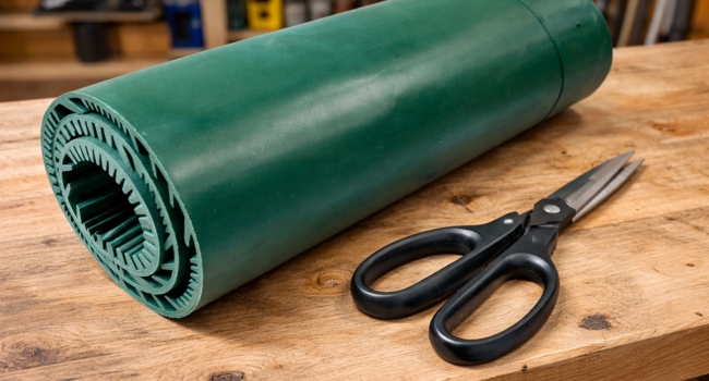 green rubber riffled sluice box matting sitting on wood work bench next to black scissors