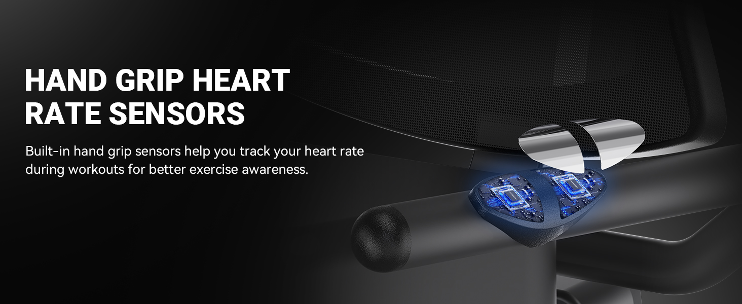 Handlebar grip heart rate sensors integrated into the recumbent exercise bike