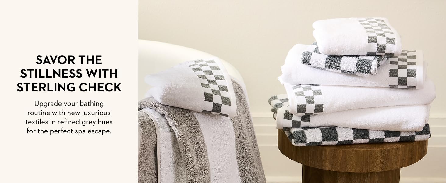 Sterling Check towels and bath mats for a cool, neutral bathroom.