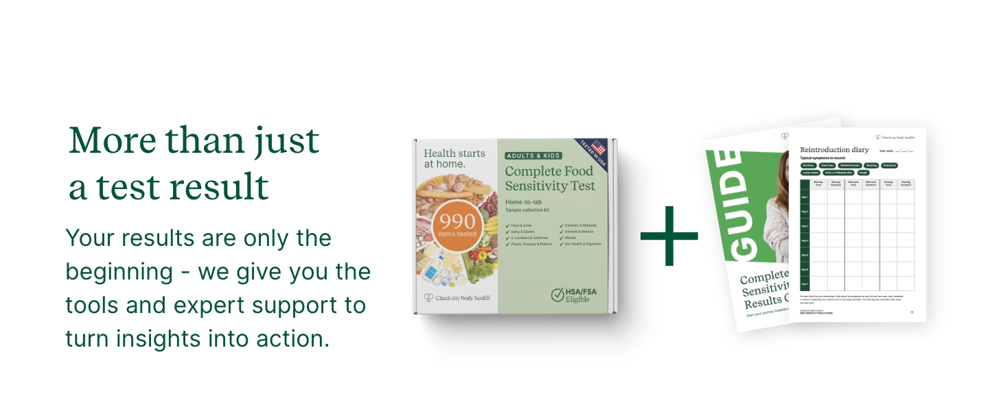 A food tolerance test kit alongside a guide and reintroduction diary highlighting expert support