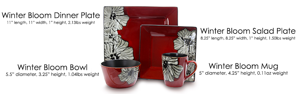 red white square round floral stoneware dinnerware dish set for 4 microwave dishwasher safe