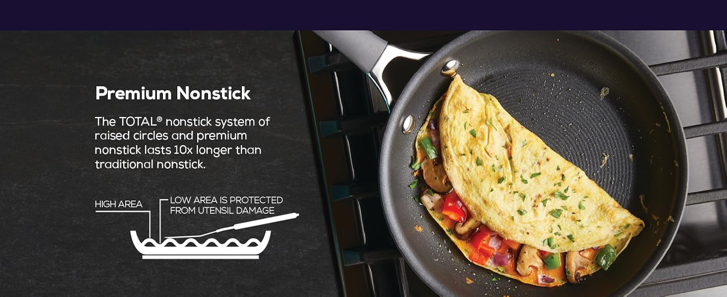 premium nonstick showing a omelet with veggies in a skillet
