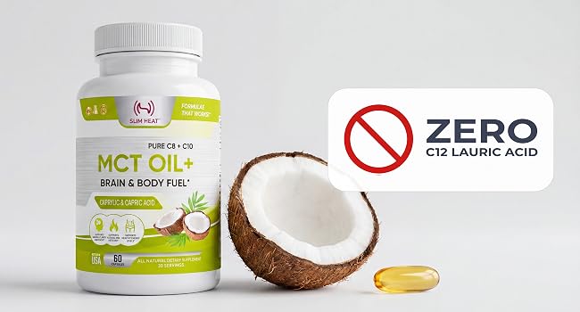 Slim Heat MCT Oil softgels with coconut and a badge marking zero C12 lauric acid fillers
