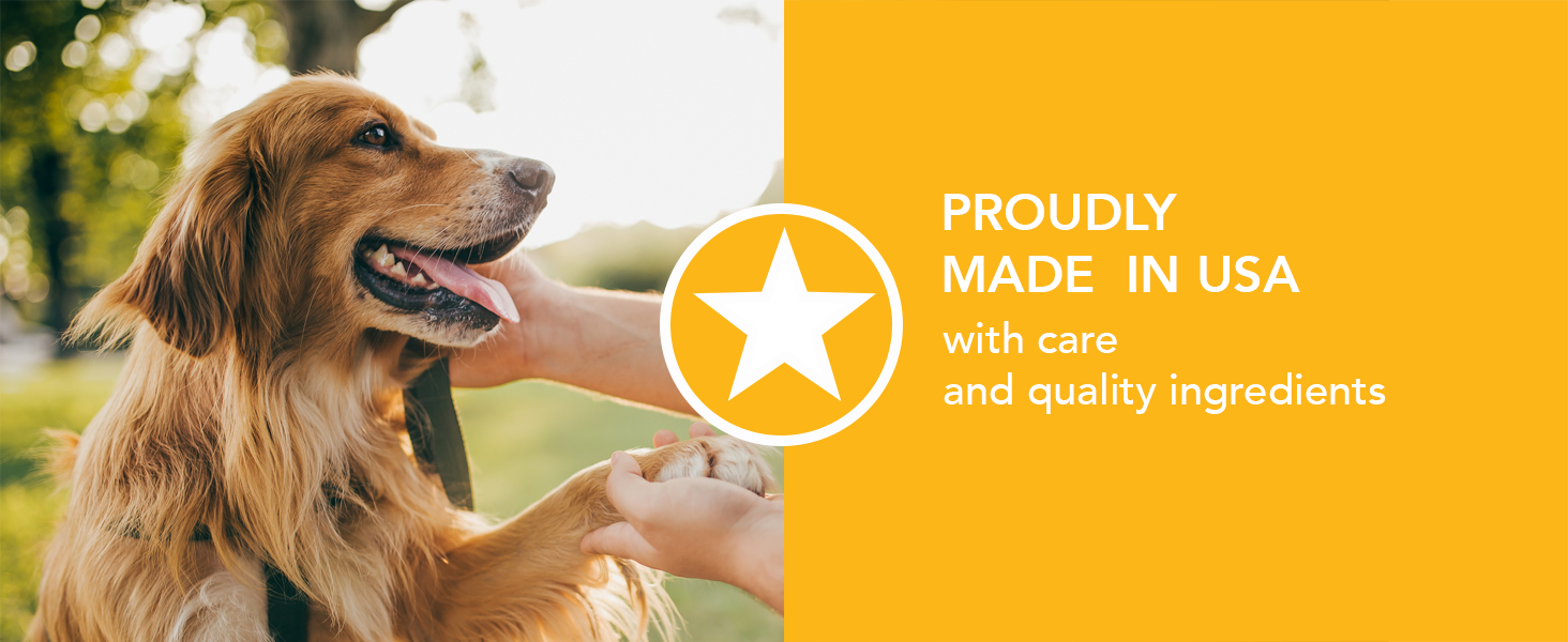 Dog shaking paw treats proudly made in USA with quality ingredients