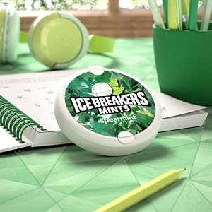 Ice Breakers Ice Cubes spearmint flavored mints on a desk