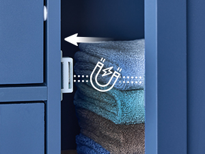 Clear storage container with crystalline or powder contents against dark blue cabinet background, with measurement markings visible.