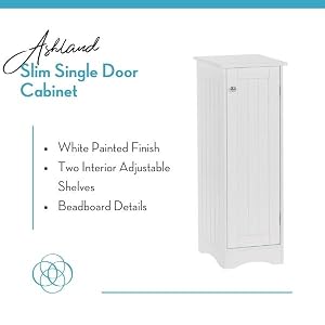 White slim single door cabiner with interior adjustable shelves &amp; beadboard details