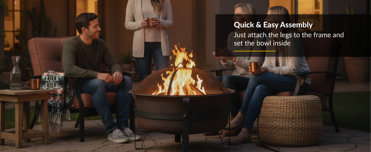 quick and easy assembly just attach the legs to the frame and set the fire bowl inside