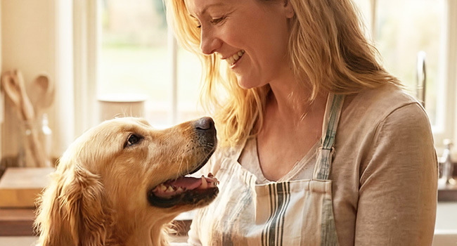 Woman petting dog in house