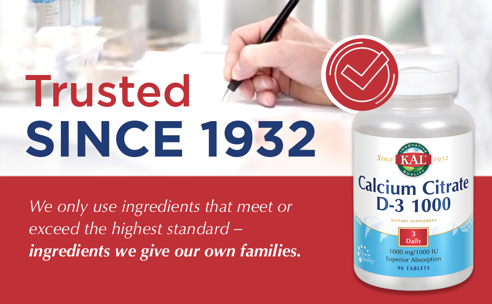 KAL Calcium Citrate D-3 1000 Healthy Teeth &amp; Bone Support Lab Verified 90 Tablets