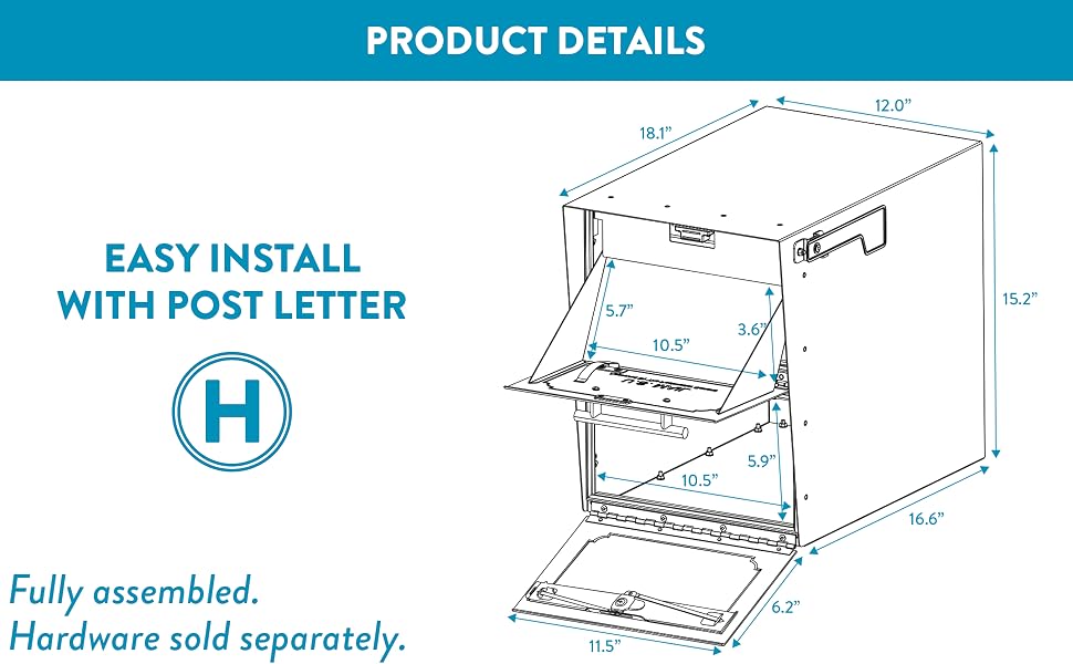 product details, dimensions, easy install with post letter k, fully assembled