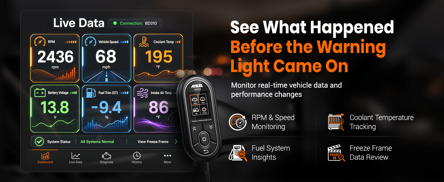ANCEL BD310 displays live vehicle data including RPM, speed, temperature, and engine system status.