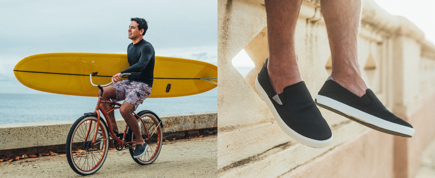 man wearing Lae‘ahi slip-on shoes on the beach, Lae‘ahi slip-on shoes on feet with stretched legs