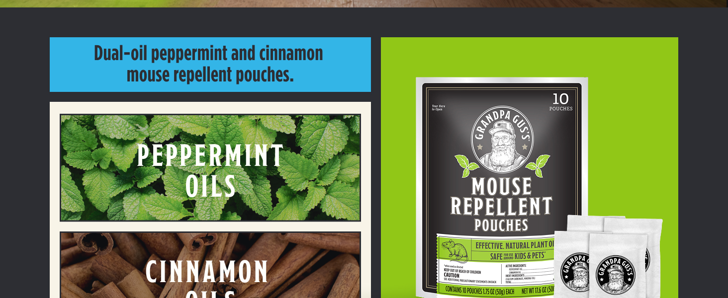 Dual-oil peppermint and cinnamon mouse repellent pouches