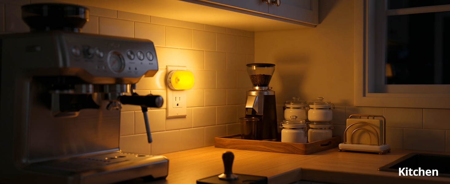 Dimmable plug-in night light illuminating a kitchen counter.