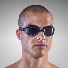Image of swimmers goggles with text reading clarity of vision.