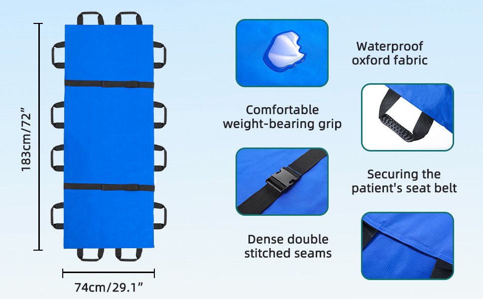 Blue medical transfer sheet measuring 74cm x 182cm with multiple handles. Features include waterproof oxford fabric, double-stitched seams, and patient securing belts.