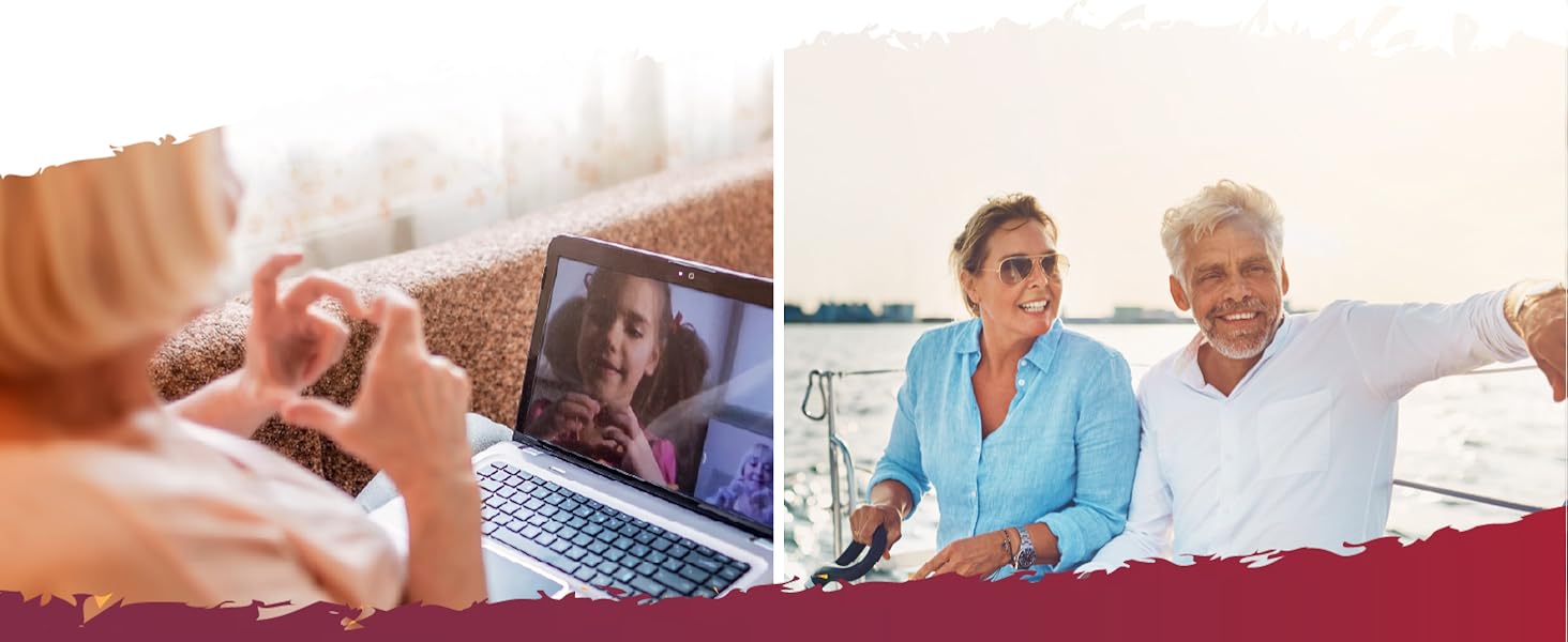 Grandmother talking to kid of laptop, and elderly couple on a boat.