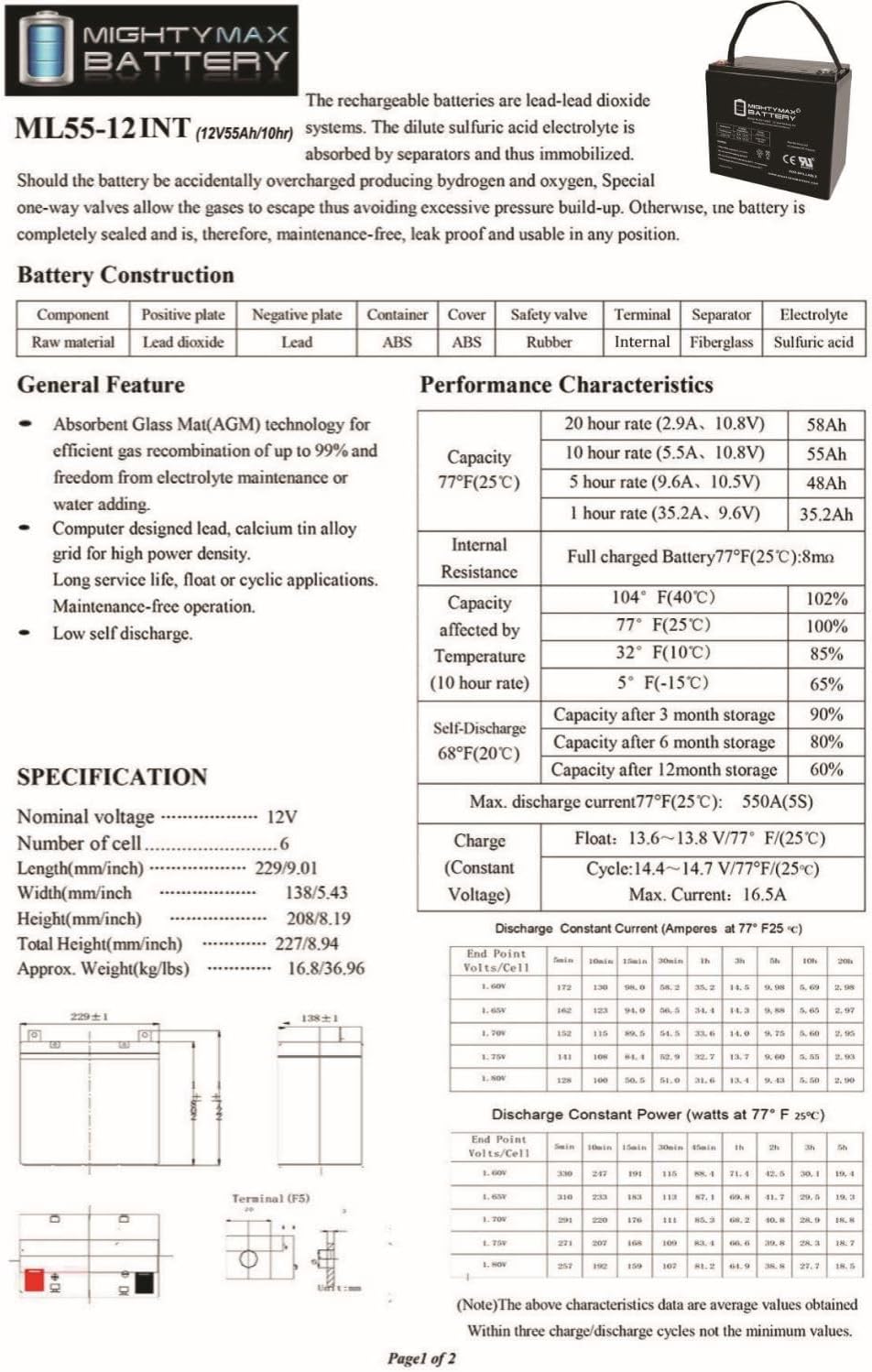 ML100-12 - 12 Volt 100 AH, Internal Thread (INT) Terminal, Rechargeable SLA AGM Battery, 1 Count (Pack of 1)