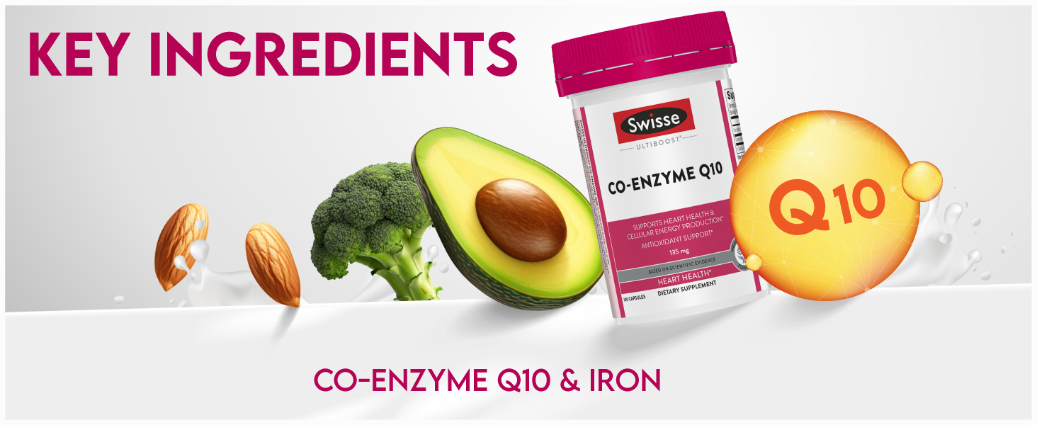 Swisse Co-Enzyme Q10 supplement with ingredient visuals.