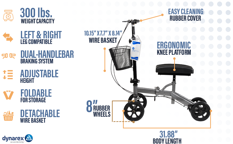 Knee walker specifications and features with weight capacity and dimensions