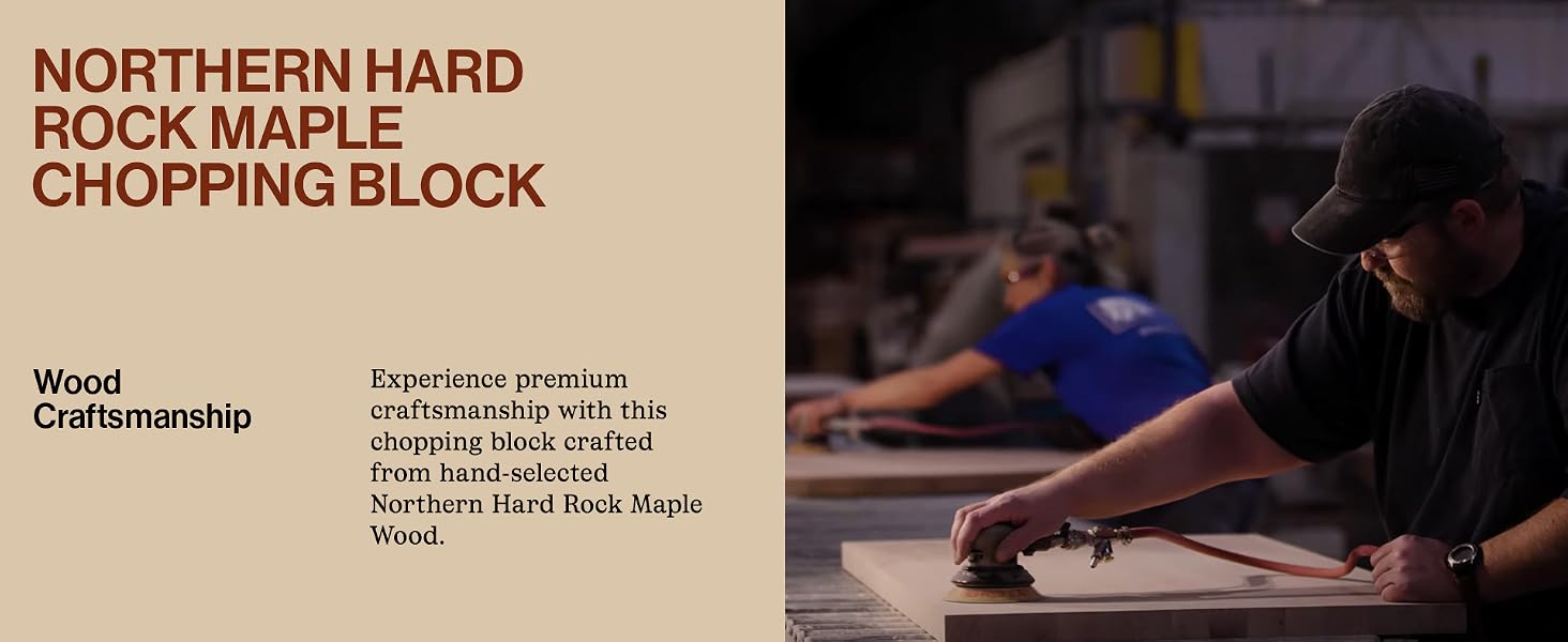 John Boos employees working on wood&amp;#39;s finish. Text reads: Northern Hard Rock Maple Chopping Block