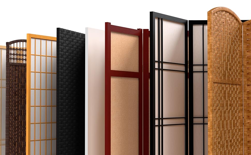 A view of 9 different room dividers from Red Lantern including Canvas, Jute, and Shoji Rice Paper