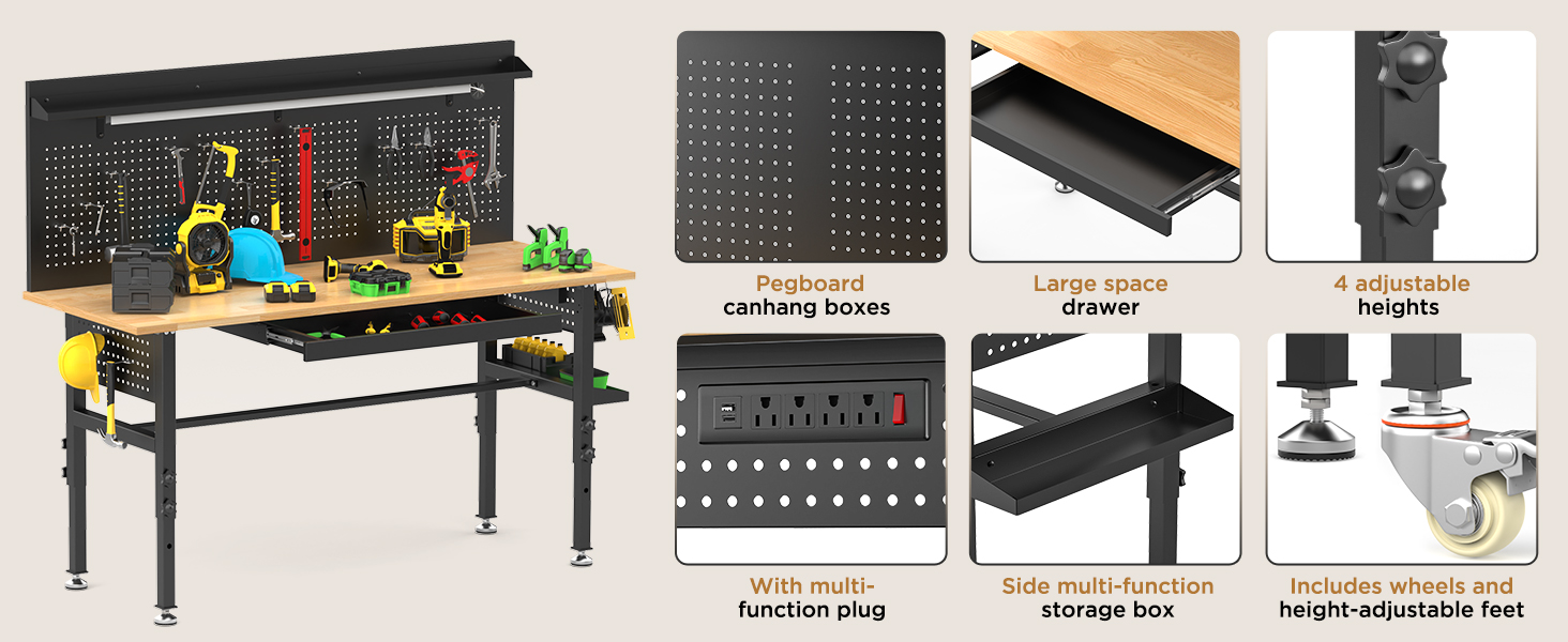 Pegboard, Large space, Adjustable heights, Plug Storage, Wheels and feet