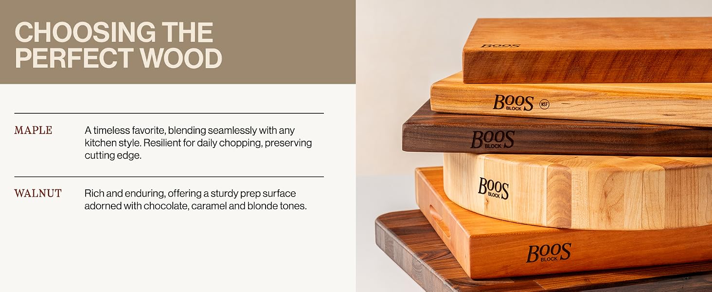Stacked wooden cutting boards in various wood types. Text Reads: Choosing the Perfect Wood.