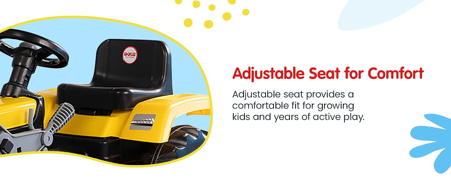 Adjustable seat on kids’ pedal tractor. Text Reads: Adjustable Seat for Comfort.
