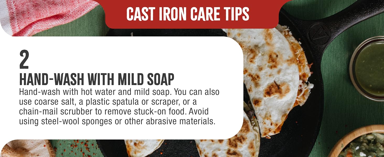 A pizza pan. Text reads: Wash with soap. Use hot water and mild soap for cleaning. Avoid steel wool.
