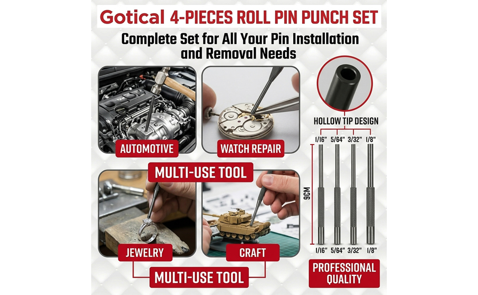 Gotical 4 -Pieces Roll Pin Punch Set and with Free Pivot Pin - Pieces Bolt Catch