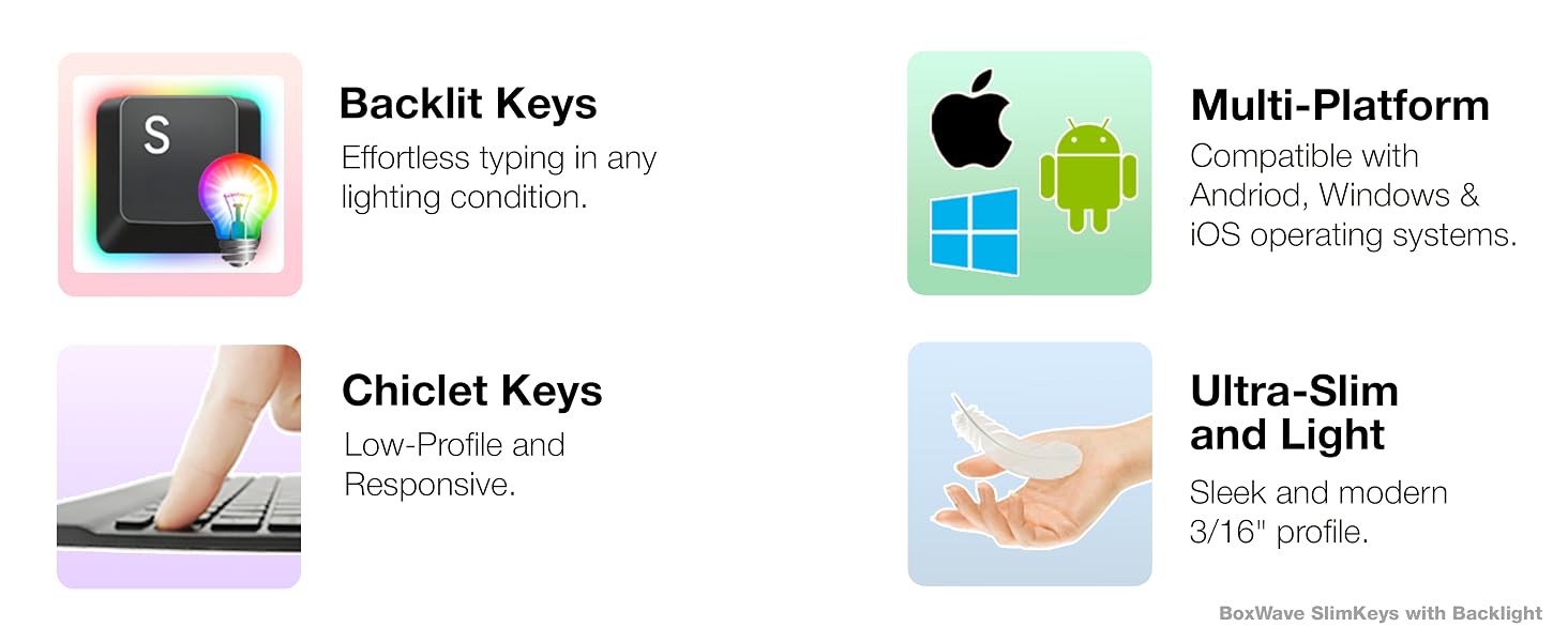 Features include backlit keys, multi-platform, chiclet keys, ultra-slim and light