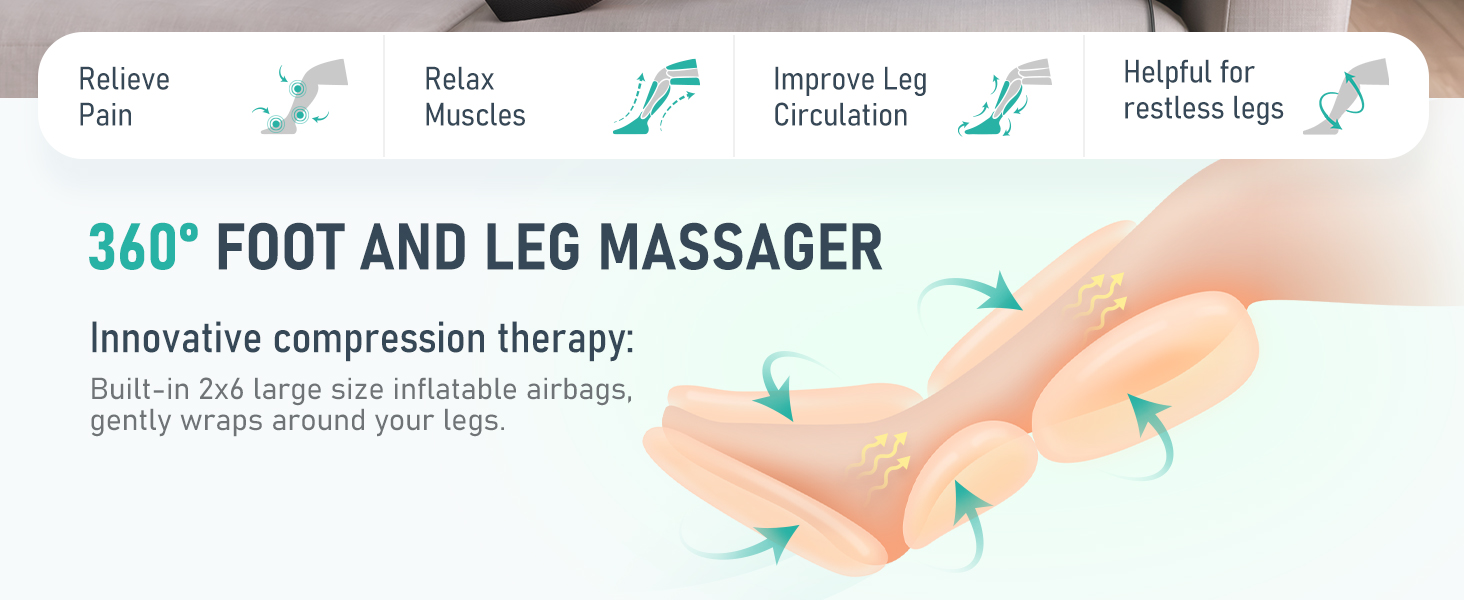 Woman using Quinear leg massager with heat and compression to improve leg circulation