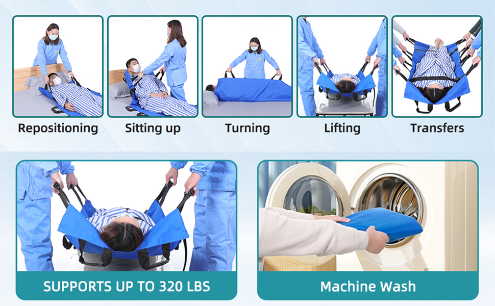Text reads: 'Repositioning', 'Sitting up', 'Turning', 'Lifting', 'Transfers'. Bottom text: 'SUPPORTS UP TO 320 LBS', 'Machine Wash'. Blue patient lift sling demonstrating six different positioning methods and care instructions.
