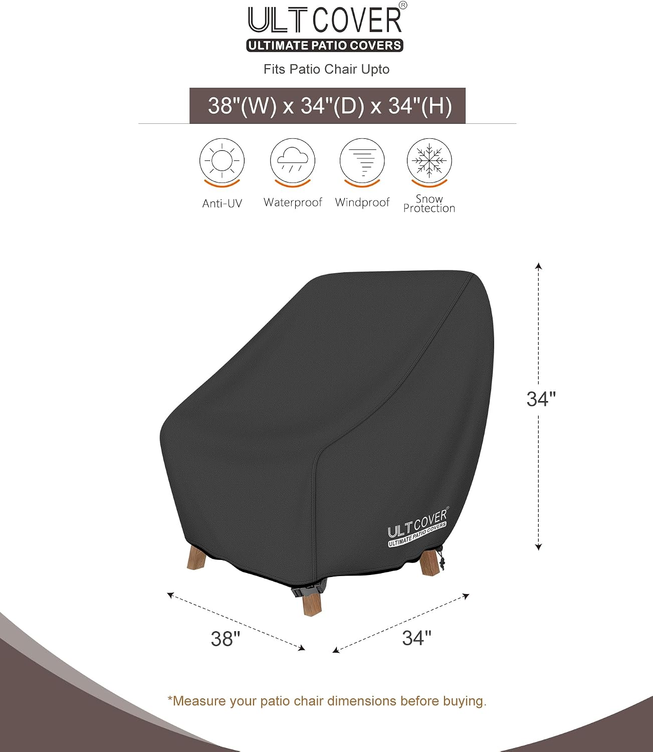 ULTCOVER Waterproof Patio Chair Cover, 32W x 34D x 34H in