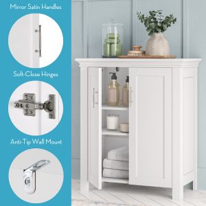 Two-Door Floor cabinet displayed in room. Includes satin handles, wall mounts &amp; magnetic close