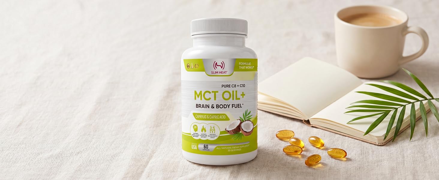 Slim Heat MCT Oil softgels with coffee, a palm leaf and softgels for a daily routine