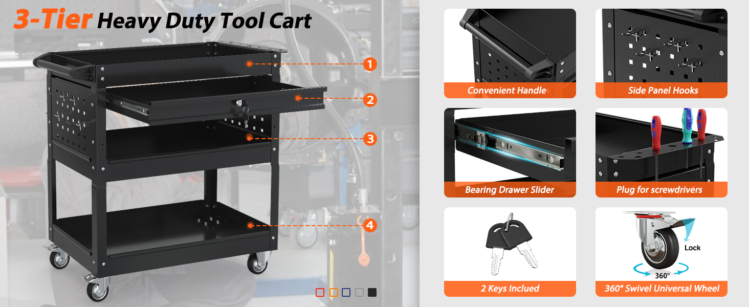 3-Tier Utility Cart with Drawer &amp; Wheels
