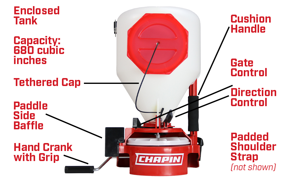 landscaping, seeding, fertilizing, chest spreader, gardening, food plots, chapin, garden tools