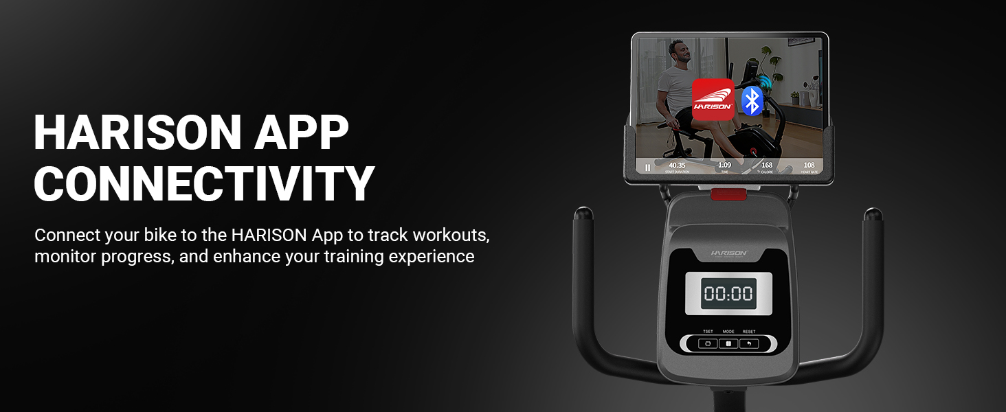 HARISON fitness app displayed on tablet with LCD console for connected workout experience