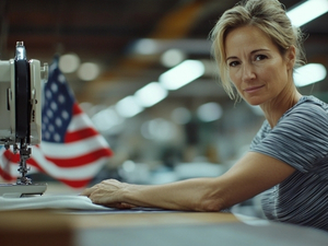 American worker sewing USA flag stripes – Fine Line Flag FMAA certified manufacturing domestic labor