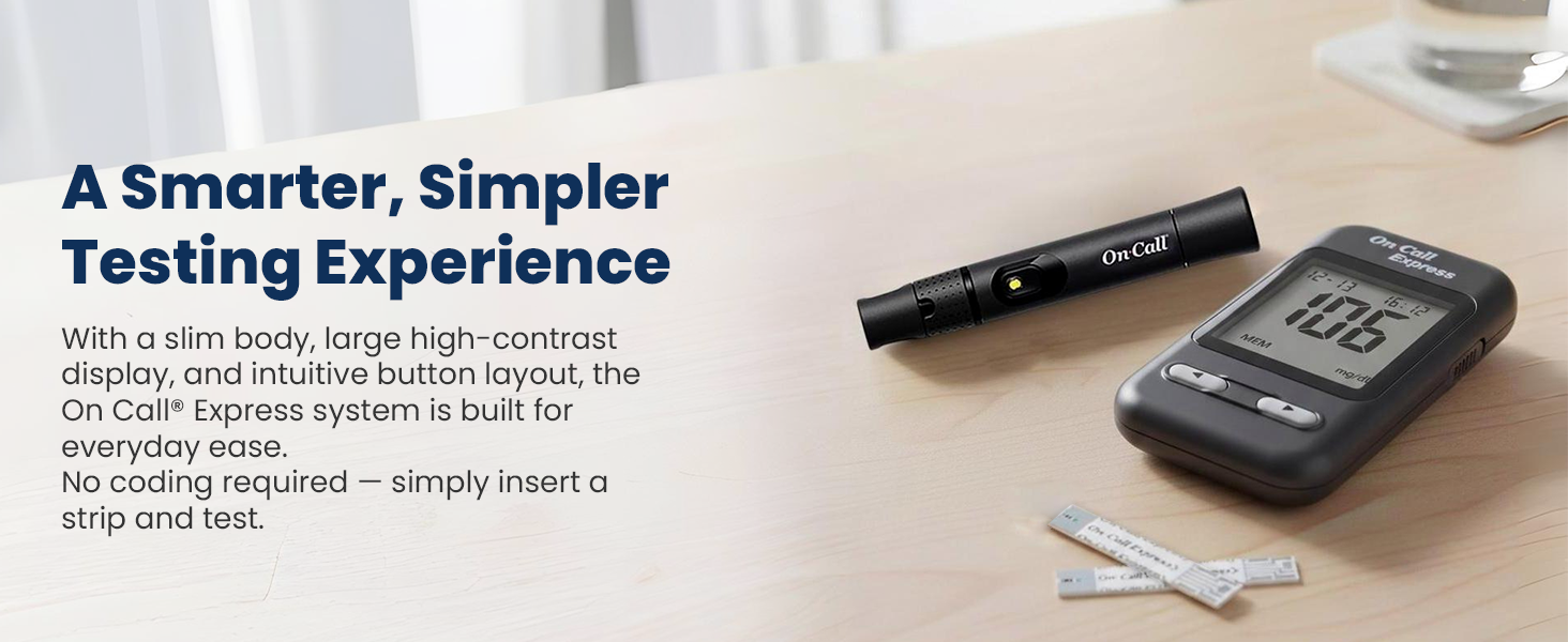 Slim blood glucose meter with large display intuitive buttons and simple strip insert testing