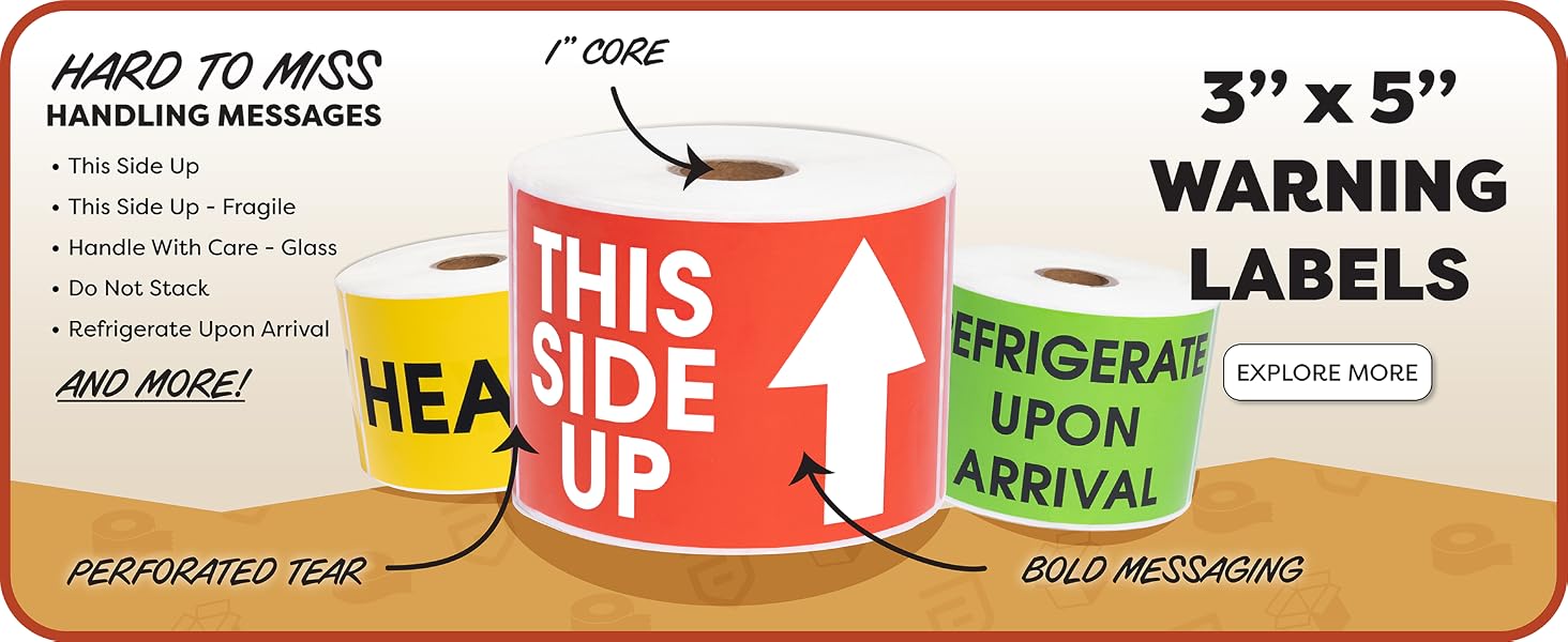Two rolls of our three by five inch warning labels with bold messages in red, yellow, and green.