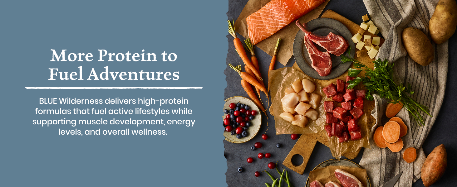 Blue Buffalos high-protein dog food with real meat first as the primary ingredient.