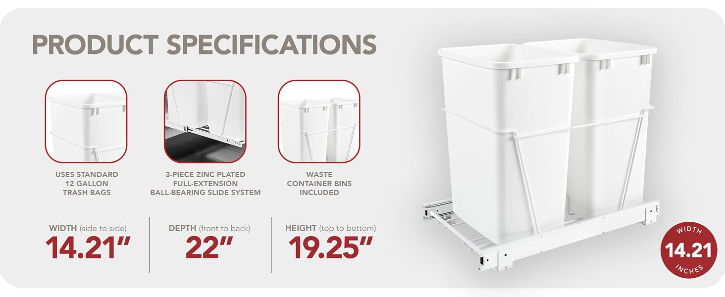Dimensions of the Rev-A-Shelf Metal Bottom Mount. Text reads: Product Specifications.