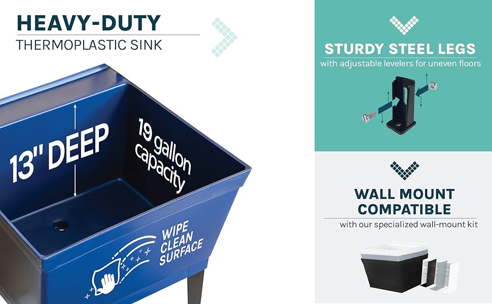 Tehila Utility Sink Laundry Tub 13-inches Deep 19-gallon Sturdy Steel Legs with Levelers Easy Clean
