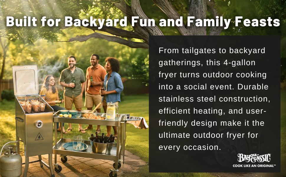 Bayou Classic outdoor fryer and prep cart at a backyard gathering with friends cooking together.